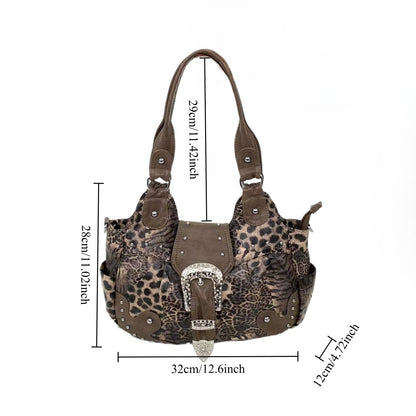 Leopard Print Patchwork Tote Bag with Multiple Pockets