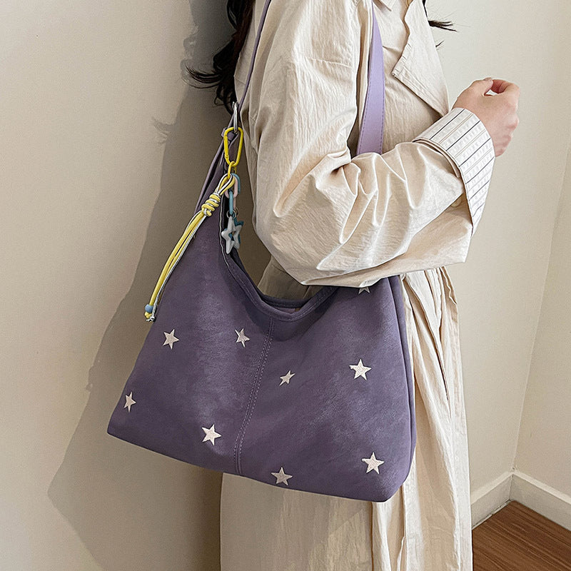 Korean Style Single Shoulder Bucket Bag with Star Embroidery