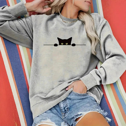 Cat Print Round Neck Sweatshirt