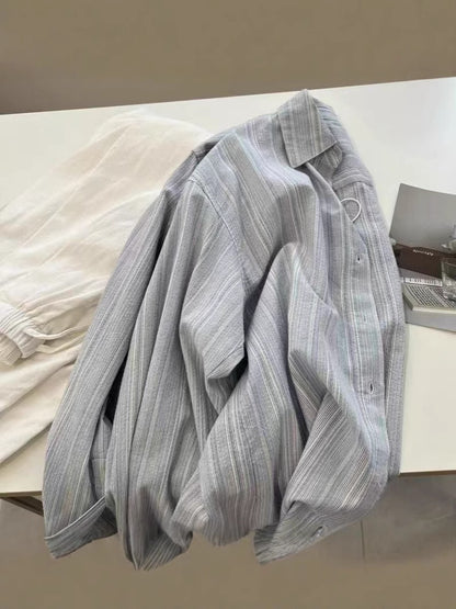 Striped Long Sleeve Shirt Women Loose Fit Casual