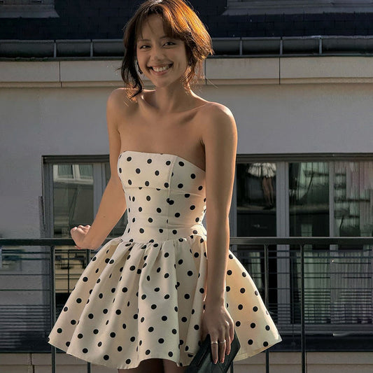 Women Polka Dot Print Tube Top Dress