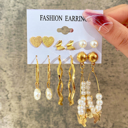 New Inlaid Pearl Ladies Earrings Creative French Vintage Gold Earrings 6 Pieces Set