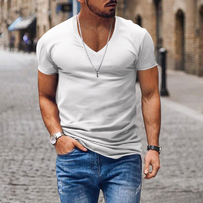 Men's T-shirt European and American summer men's clothing V-neck solid color slim fit casual T-shirt short sleeved top