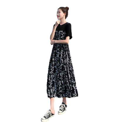 Dress Women Summer New Classic Elegant Floral Mid-Length High Waist Slim Fit Short Sleeve Long Dress