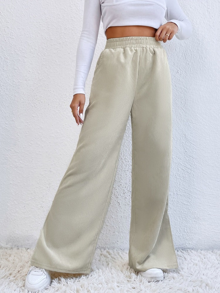 New Women's High Waist Casual Pants in Autumn and Winter Solid Corduroy Splice Slit Bottom Pants