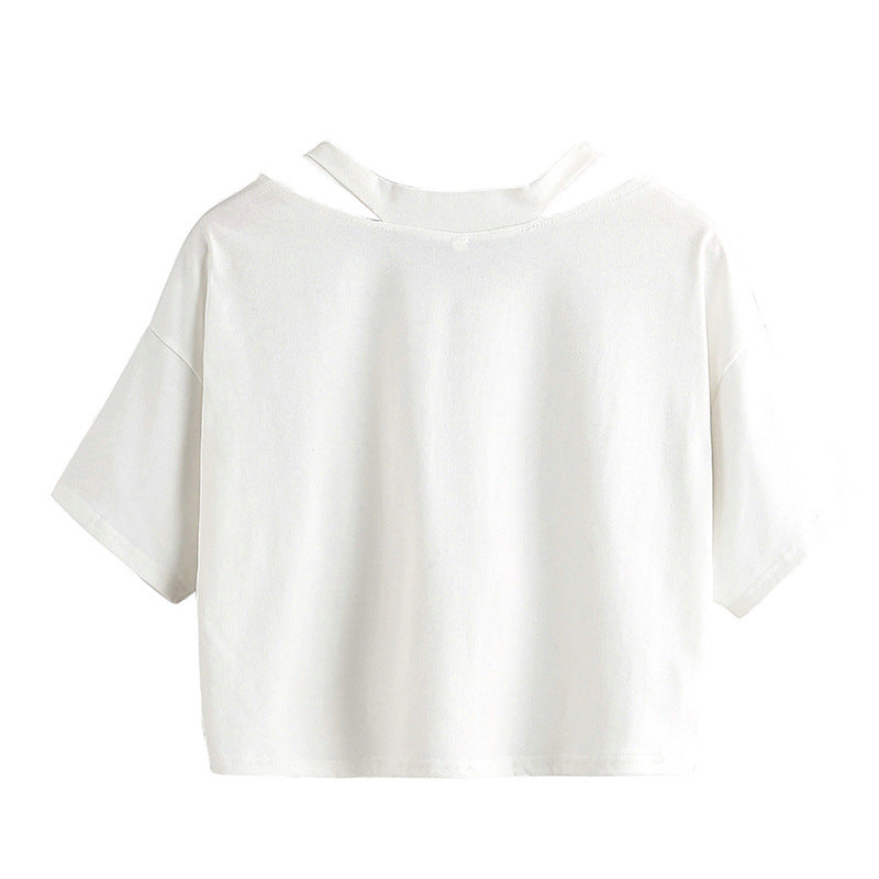 Shoulder Hollow Out Solid Color V-Neck Short Sleeve Loose Daily Women's Top