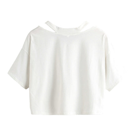Shoulder Hollow Out Solid Color V-Neck Short Sleeve Loose Daily Women's Top