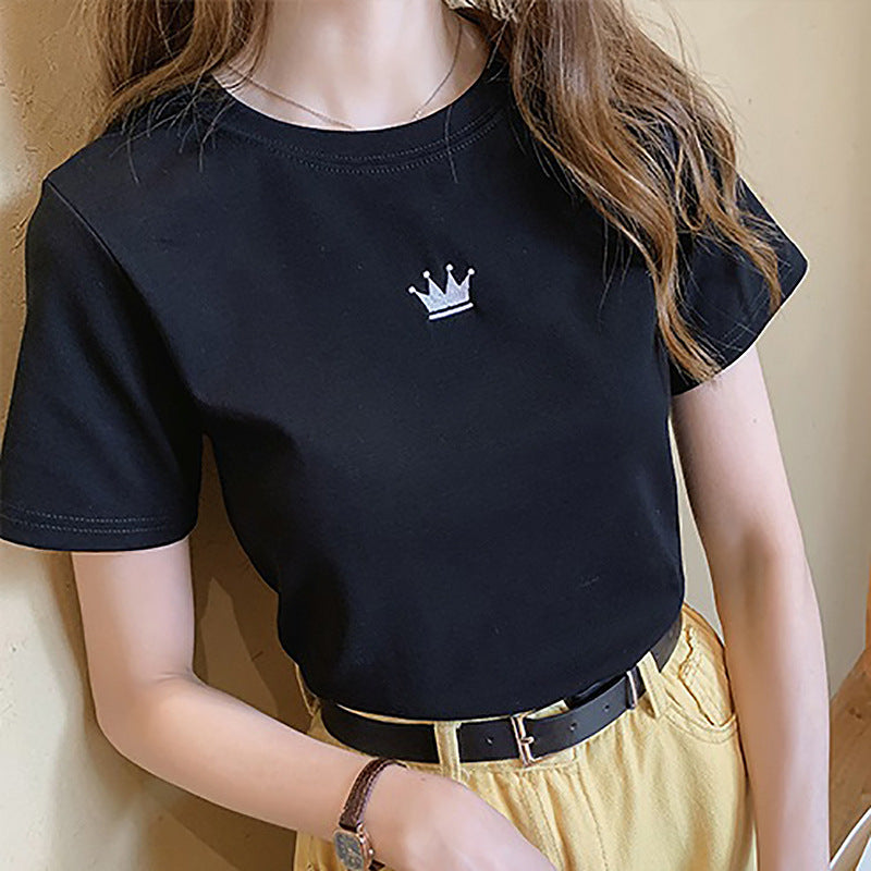 Fashionable Fitted Embroidered Round Neck Short Sleeve T-Shirt for Women Casual Basic TopStudent Style Ladies' Inner Wear