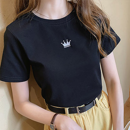 Fashionable Fitted Embroidered Round Neck Short Sleeve T-Shirt for Women Casual Basic TopStudent Style Ladies' Inner Wear
