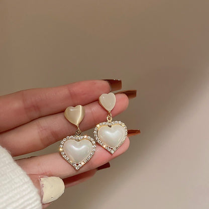 S925 Silver Needle Cat's Eye Small Earrings Female Geometric Square Love Diamond Earrings Simple Atmosphere Earrings