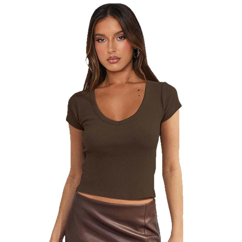 Women's Clothing Ribbed Shoulder Short Sleeve T-Shirt Fitted Versatile Short
