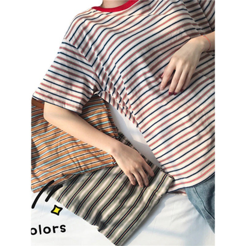 Casual Stripe Short Sleeve T-Shirt for Women, Loose Fit, Student Fashion Top, Basic Innerwear