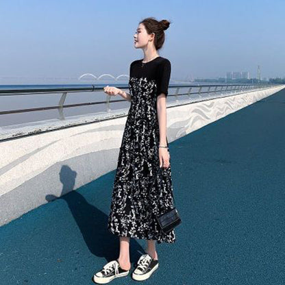 Dress Women Summer New Classic Elegant Floral Mid-Length High Waist Slim Fit Short Sleeve Long Dress