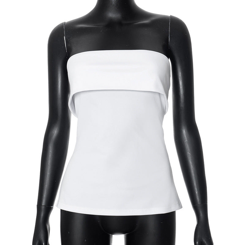Women's Clothing Summer New Pure Color Sleeveless Backless Wide Lapel Slit Tube Top Sexy Blouse