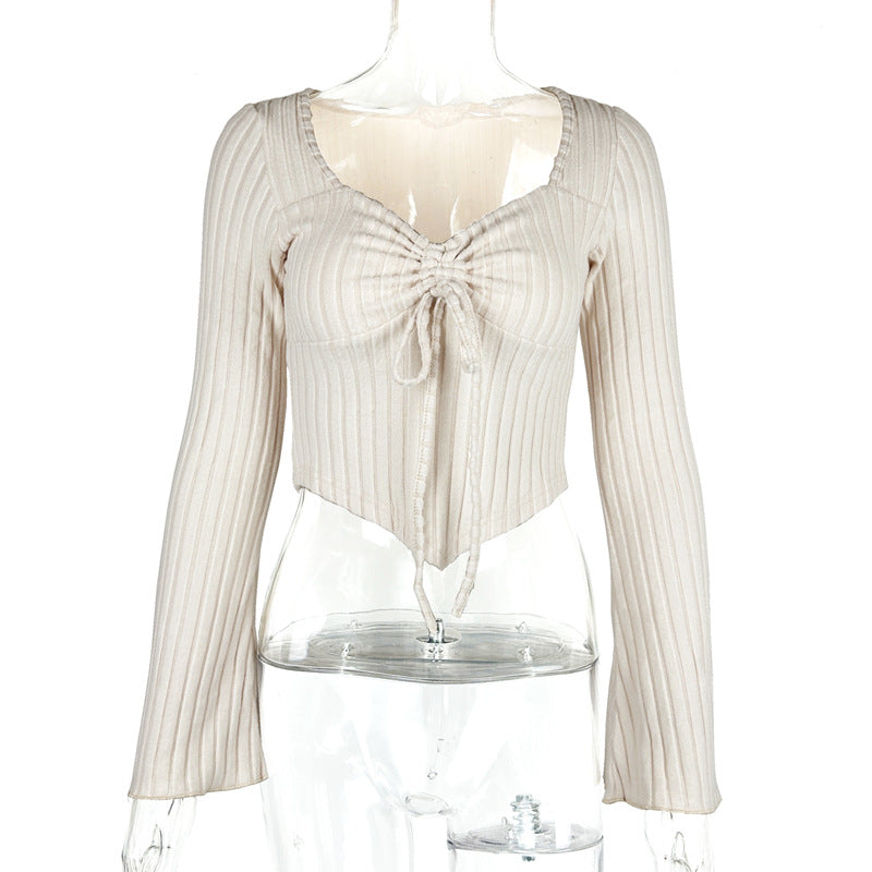 V-neck drawstring flared sleeve women's clothing