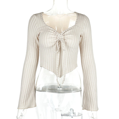 V-neck drawstring flared sleeve women's clothing
