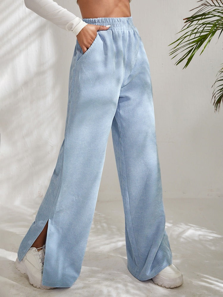 New Women's High Waist Casual Pants in Autumn and Winter Solid Corduroy Splice Slit Bottom Pants
