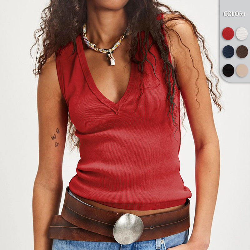 Women's Clothing  Pure Color V-neck Design Back Splicing Sleeveless Fitted Classic Versatile