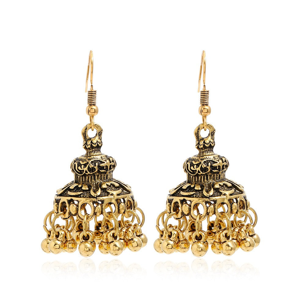 Bohemian ethnic carved retro patterns, creative bell earrings, exaggerated and personalized ethnic style earrings from Europe and America