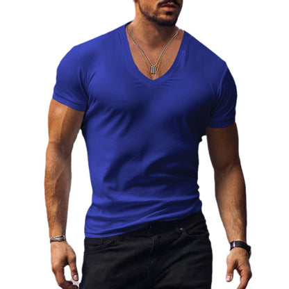Men's T-shirt European and American summer men's clothing V-neck solid color slim fit casual T-shirt short sleeved top