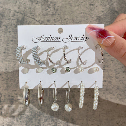 New Inlaid Pearl Ladies Earrings Creative French Vintage Gold Earrings 6 Pieces Set