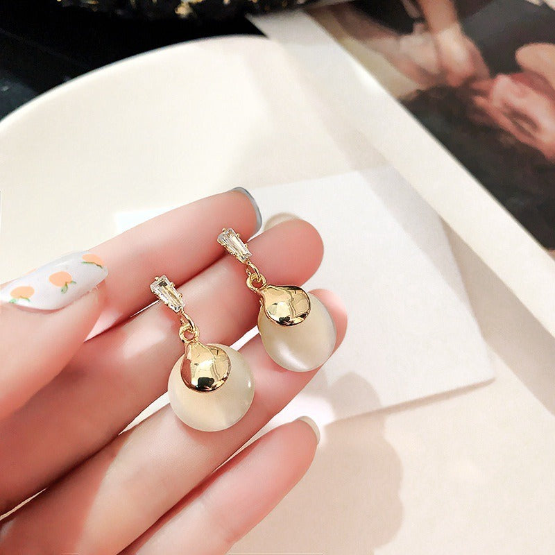 S925 Silver Needle Cat's Eye Small Earrings Female Geometric Square Love Diamond Earrings Simple Atmosphere Earrings