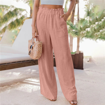 Summer New Women's Casual Pants Fashion Ruffled Patch Pocket Wide Leg Pants