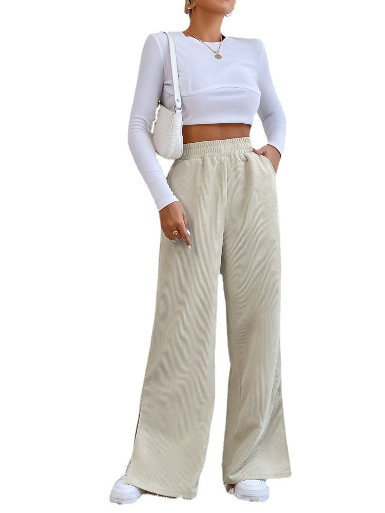 New Women's High Waist Casual Pants in Autumn and Winter Solid Corduroy Splice Slit Bottom Pants