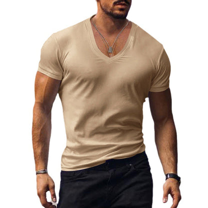 Men's T-shirt European and American summer men's clothing V-neck solid color slim fit casual T-shirt short sleeved top