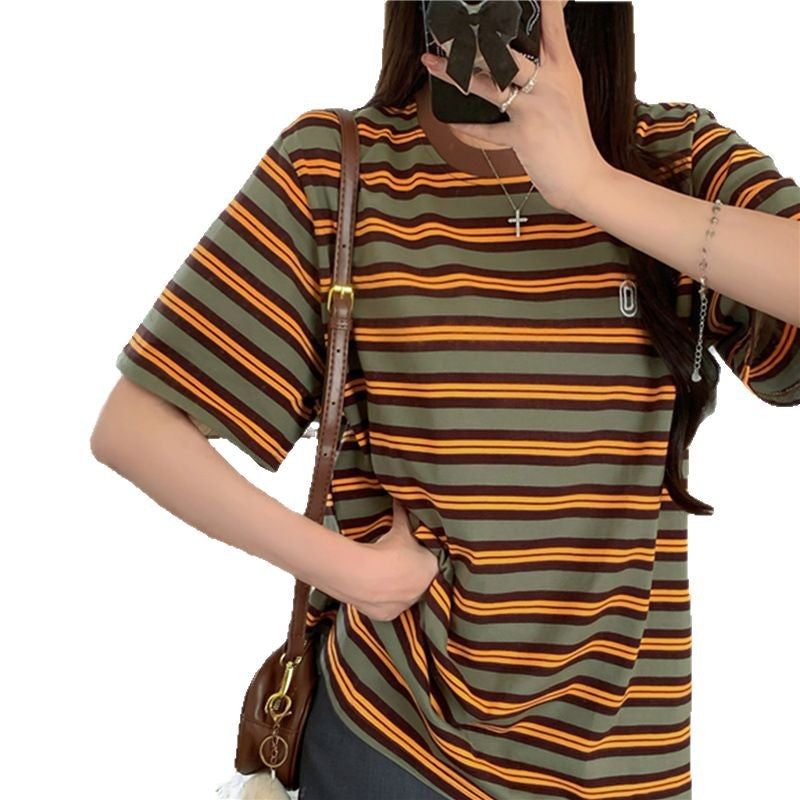 Loose Fit Color-block Stripe Short Sleeve T-shirt