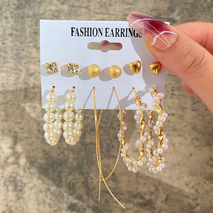 New Inlaid Pearl Ladies Earrings Creative French Vintage Gold Earrings 6 Pieces Set