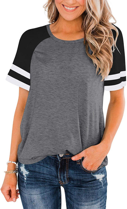 T-Shirt Summer Round Neck Stitching Short Sleeve Striped Contrast Color Loose Plus Size Women's Clothing