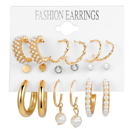 New Inlaid Pearl Ladies Earrings Creative French Vintage Gold Earrings 6 Pieces Set