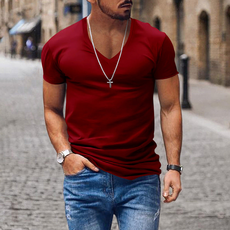 Men's T-shirt European and American summer men's clothing V-neck solid color slim fit casual T-shirt short sleeved top