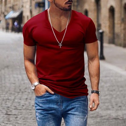 Men's T-shirt European and American summer men's clothing V-neck solid color slim fit casual T-shirt short sleeved top