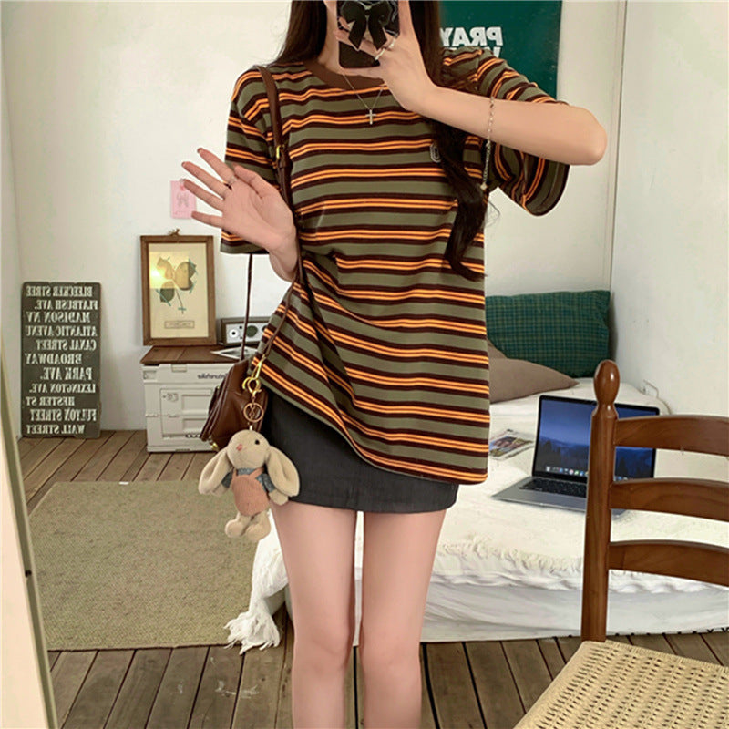 Loose Fit Color-block Stripe Short Sleeve T-shirt