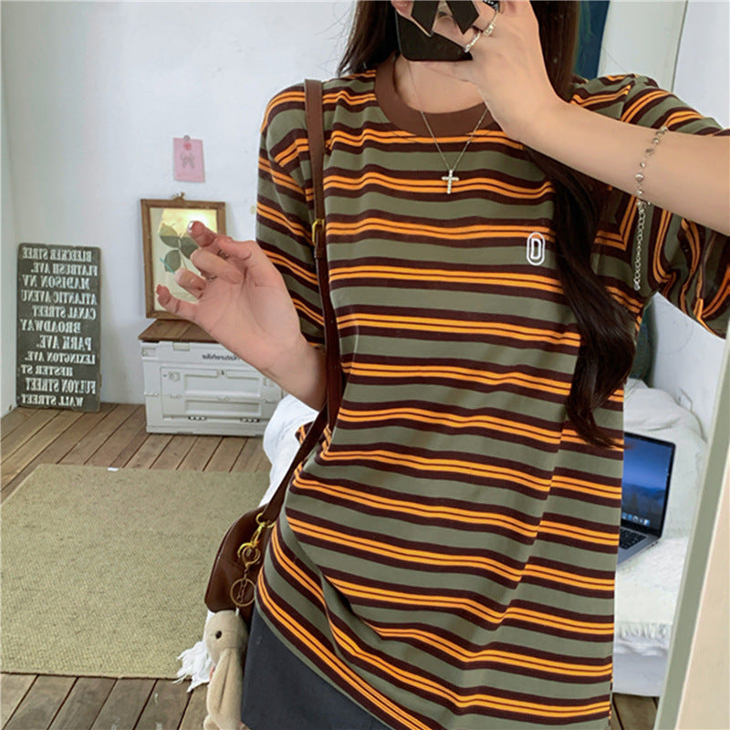 Loose Fit Color-block Stripe Short Sleeve T-shirt