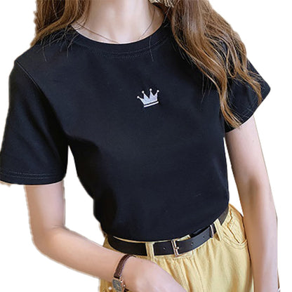 Fashionable Fitted Embroidered Round Neck Short Sleeve T-Shirt for Women Casual Basic TopStudent Style Ladies' Inner Wear