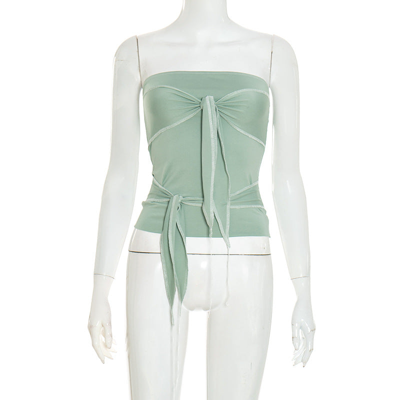 Sexy spicy girl style asymmetrical tied short strapless top women's clothing