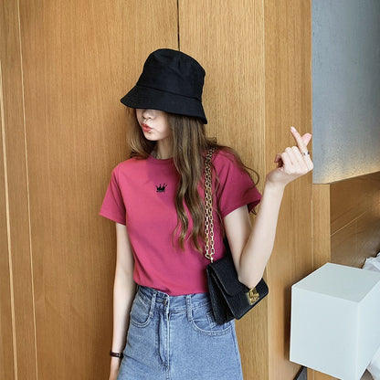 Fashionable Fitted Embroidered Round Neck Short Sleeve T-Shirt for Women Casual Basic TopStudent Style Ladies' Inner Wear
