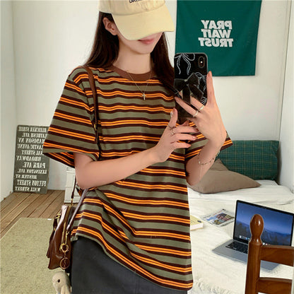 Loose Fit Color-block Stripe Short Sleeve T-shirt