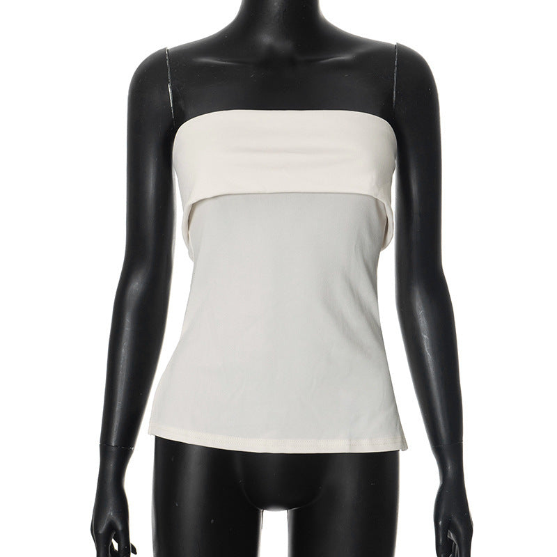 Women's Clothing Summer New Pure Color Sleeveless Backless Wide Lapel Slit Tube Top Sexy Blouse