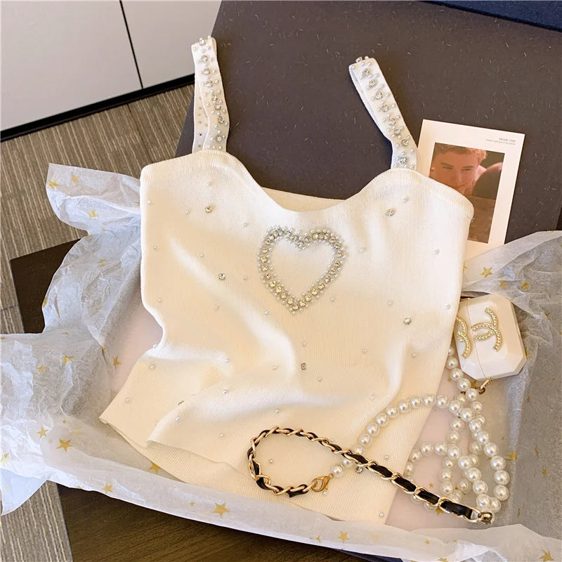 Pearl Beaded Sexy Slim Knit Vests Women's Crop Tops  Summer Sleeveless Stylish Vintage Fashion Chic Ladies Knitwear Jumpers