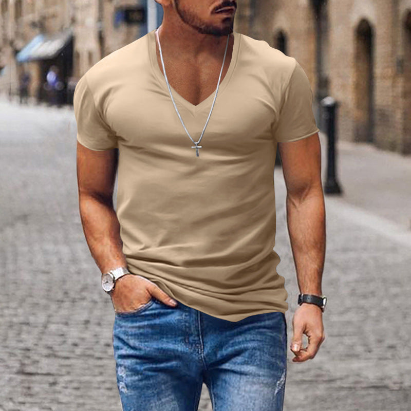 Men's T-shirt European and American summer men's clothing V-neck solid color slim fit casual T-shirt short sleeved top
