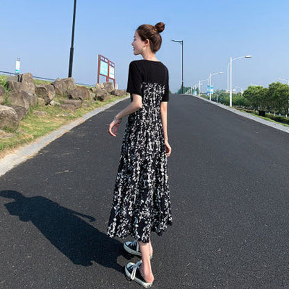 Dress Women Summer New Classic Elegant Floral Mid-Length High Waist Slim Fit Short Sleeve Long Dress