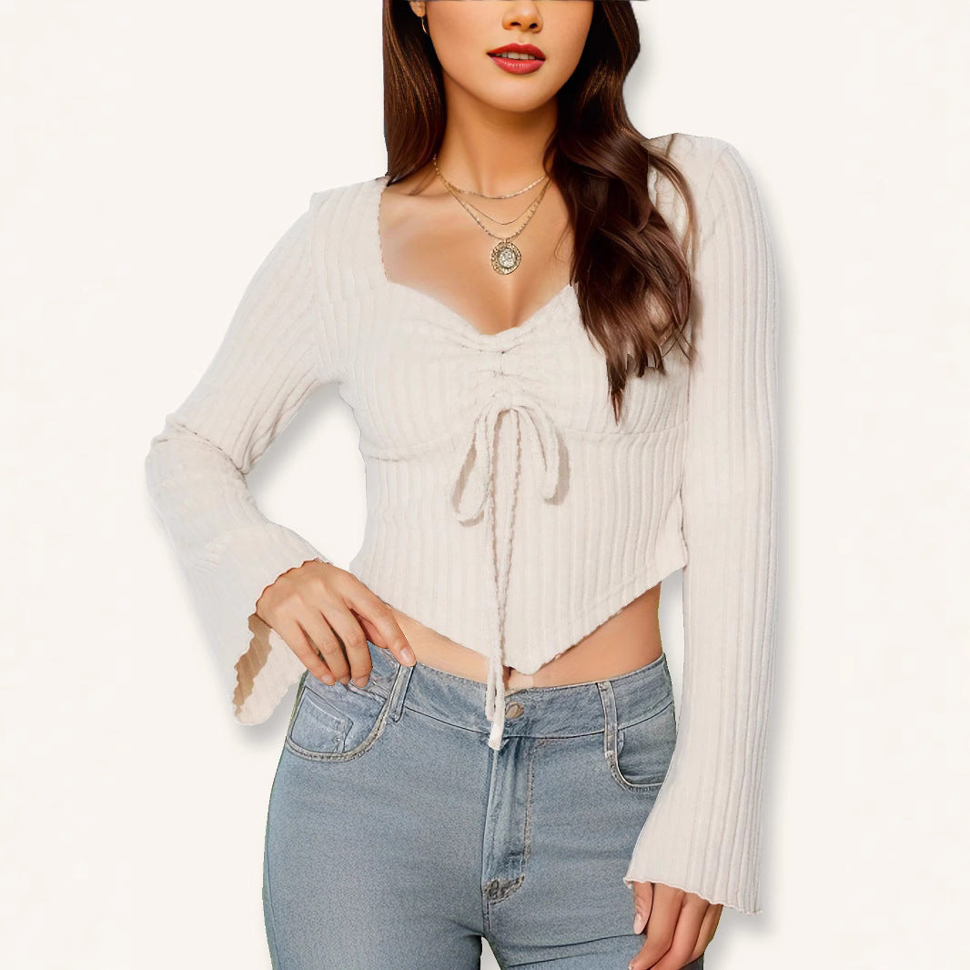 V-neck drawstring flared sleeve women's clothing