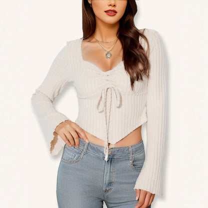 V-neck drawstring flared sleeve women's clothing
