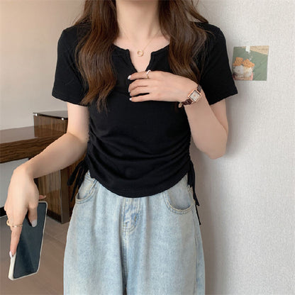 V-Neck Drawstring Fitted Sexy Style Short Sleeve T-Shirt for WomenFashionable Casual Top