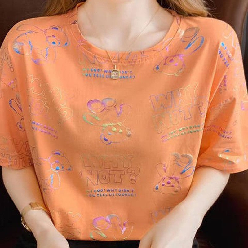 Casual Loose Fit Cotton Blend Short Sleeve T-Shirt for Women Summer Top with Regular Shoulder Design