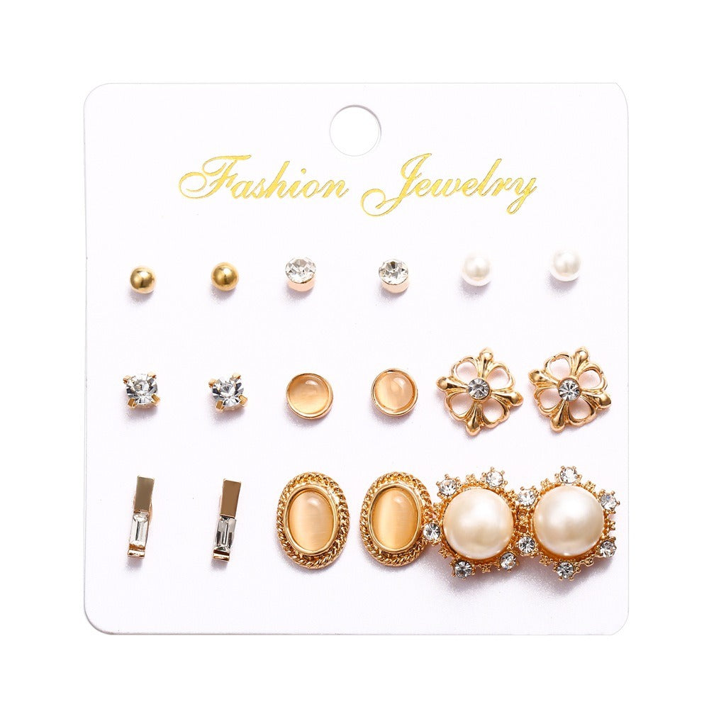 New Inlaid Pearl Ladies Earrings Creative French Vintage Gold Earrings 6 Pieces Set